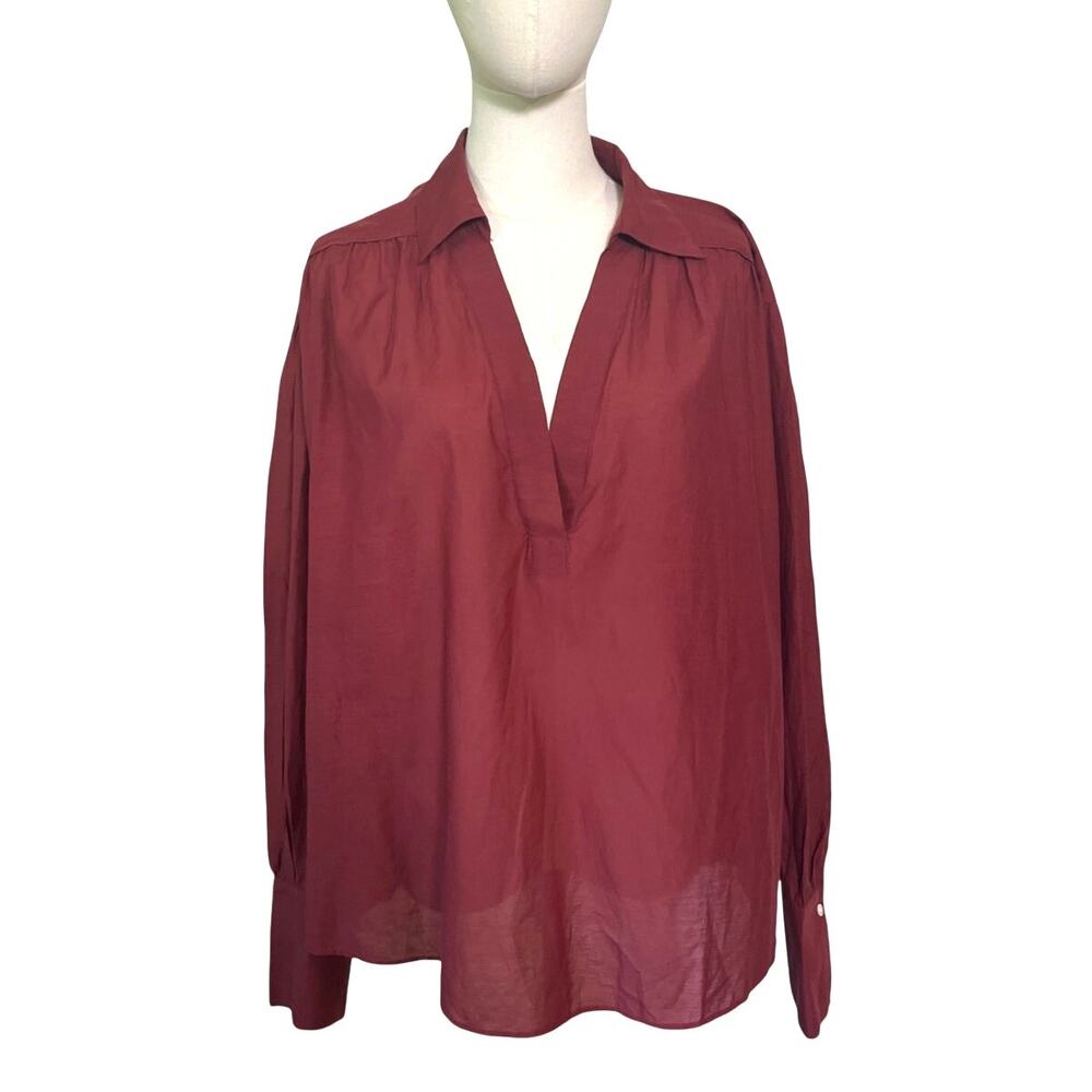 Madewell XL Popover Blouse Red Cotton Blend Lightweight Long Sleeve NWT